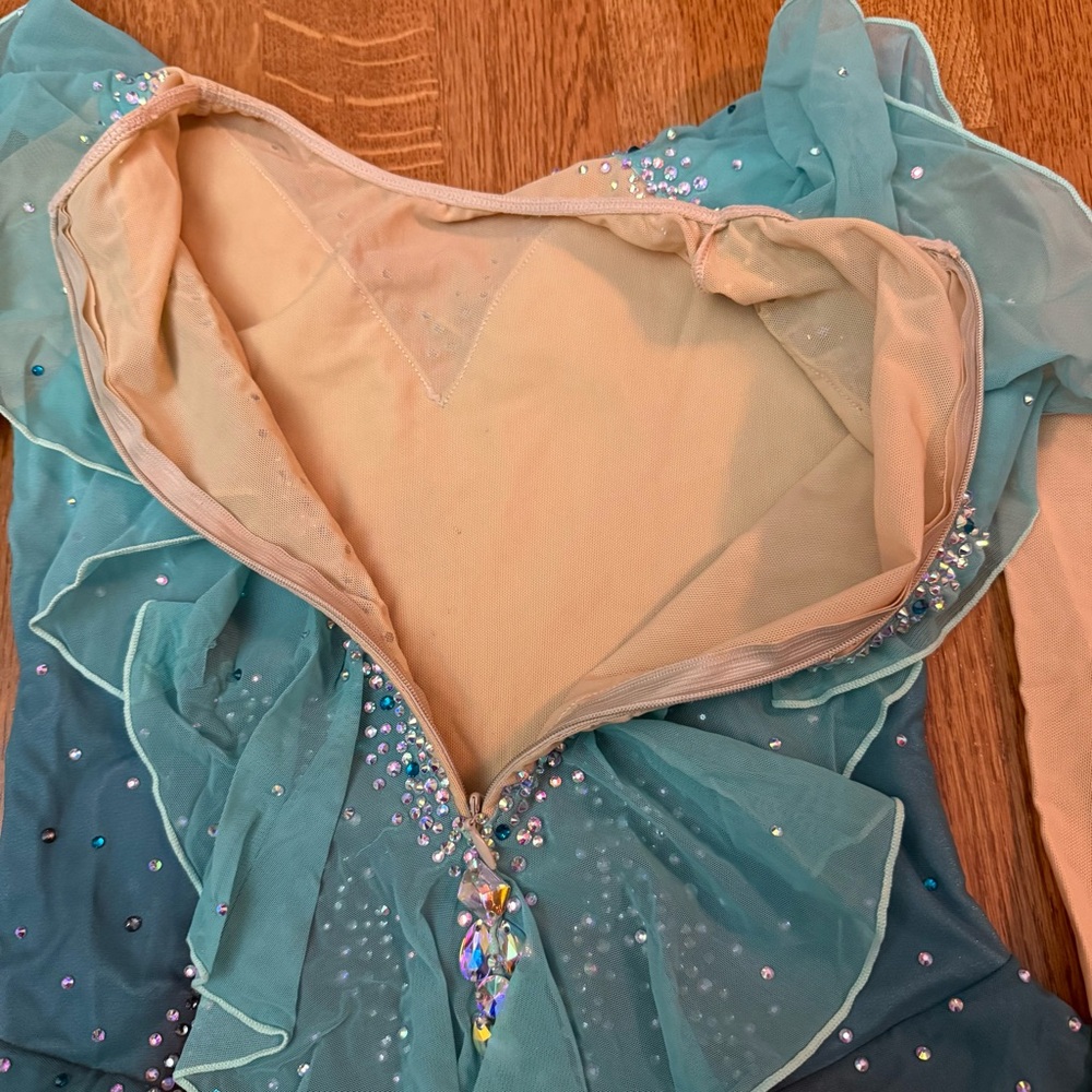 Figure Skating Customized Dress Teal Aqua Ombré Rhinestone Stoned Long Sleeve XS - Picture 7 of 17